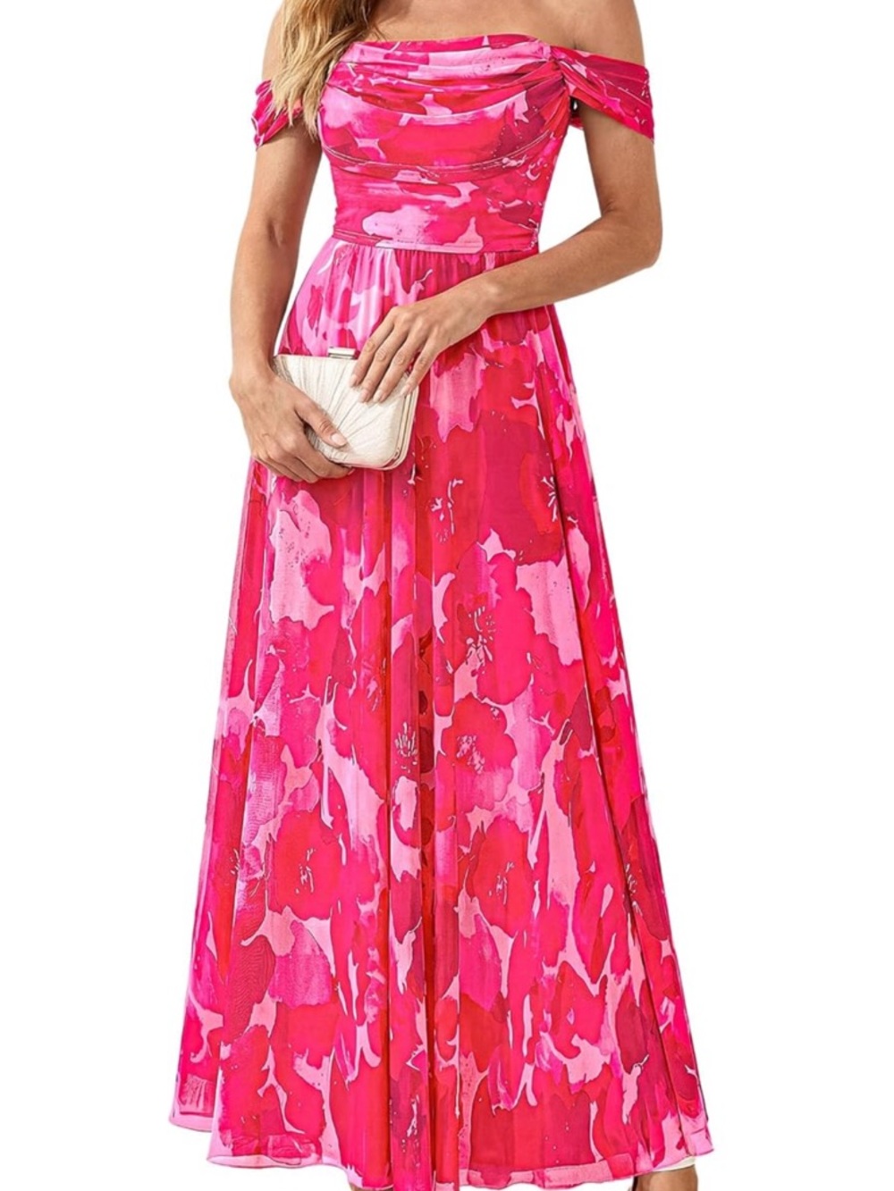 Off-Shoulder Fuchsia Floral Maxi Dress